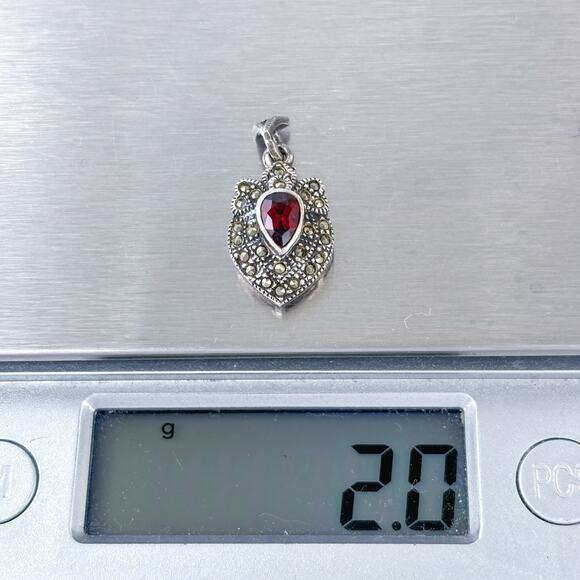 Estate Sterling Silver 925 Red Garnet Marcasite Pendant - Picture 8 of 8